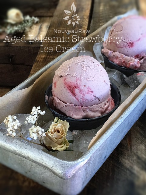 raw vegan Aged Balsamic and Strawberry Ice Cream served in an antique ice cube tray
