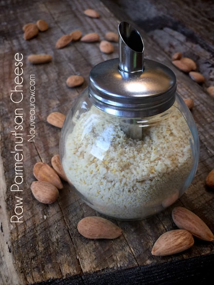 raw vegan Parme'nut'san Cheese in a glass jar