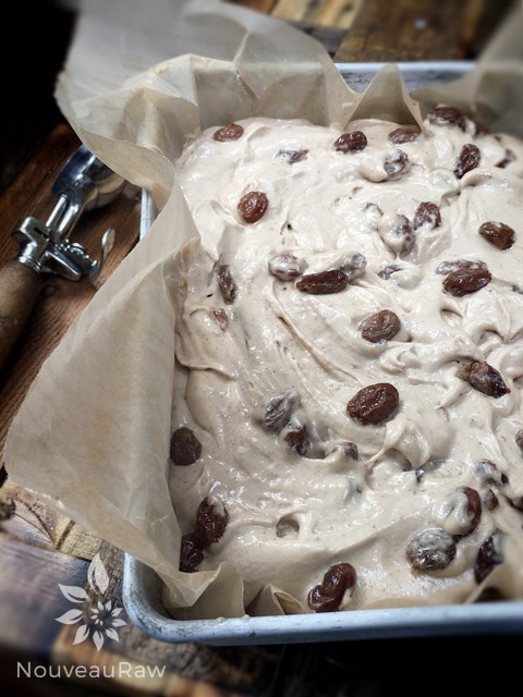 a close up of raw dairy free Tahini Ice Cream with Rum Infused Raisins ready for the freezer