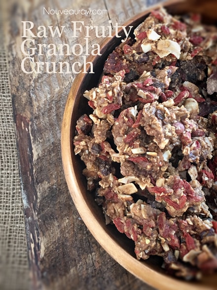 raw gluten-free Fruity Granola Crunch served in a wooden bowl