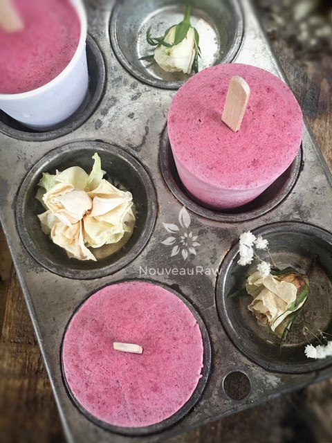 an over view of raw vegan Chia Cherry Yogurt Dixie Pops displayed in an antique muffin tin