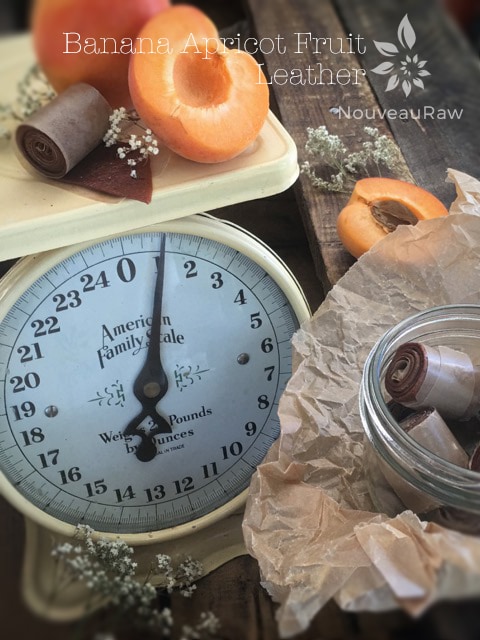 raw Banana Apricot Fruit Leather displayed with an antique weigh scale for food