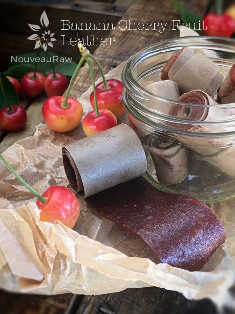 Banana Cherry Fruit Leather displayed with cherries