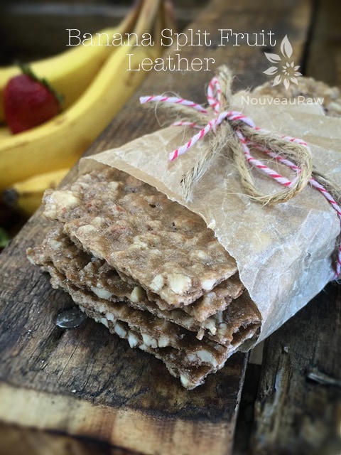 raw Banana Split Fruit Leather wrapped in parchment paper 