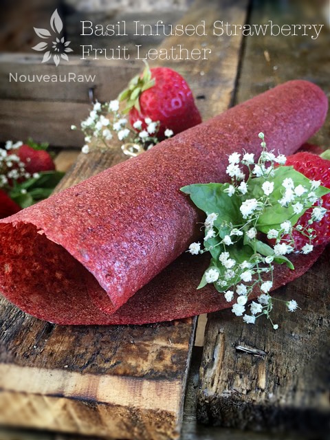 raw sugar free fruit roll up displayed with fresh strawberries