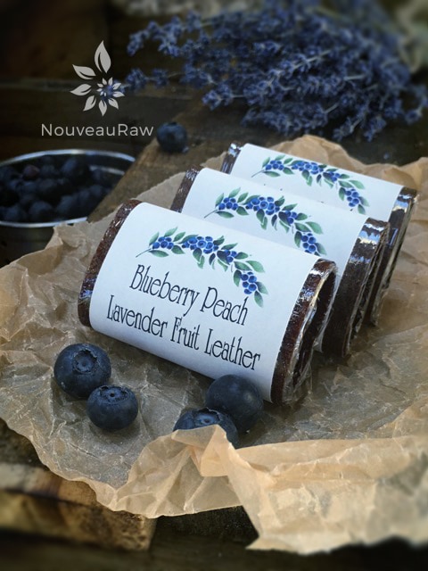 Blueberry Peach Lavender Fruit Leather rolled, labeled and ready for gift giving