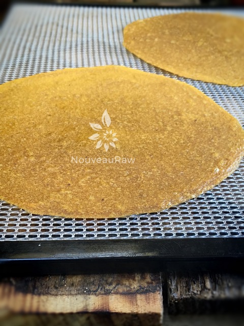 sugar free raw vegan Mango Banana Leathers displayed on Excalibur dehydrator tray