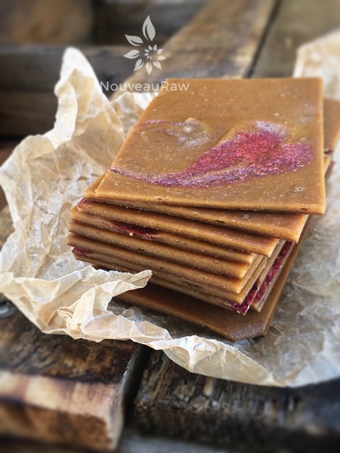 a stack of raw sugar free Peanut Butter Banana & Jelly Fruit Leather