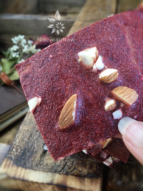 a close up of raw sugar free Strawberry Almond Crunch Fruit Leather