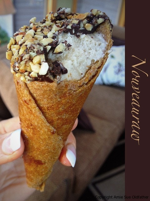 a close up of the raw vegan Ice Cream Cone Drumstick Sundae