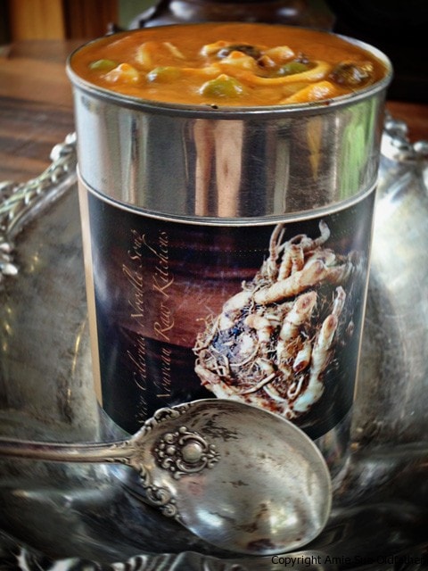 close up of Spicy Celeriac Noodle Soup (raw, vegan, gluten-free, nut-free) photos in a old can