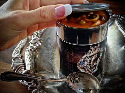 peeking in the can of close up of Spicy Celeriac Noodle Soup (raw, vegan, gluten-free, nut-free) 