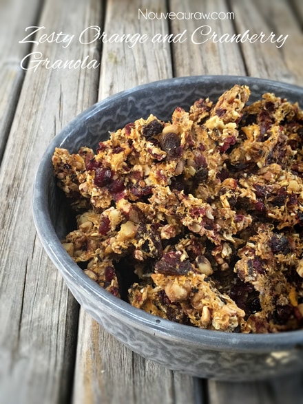 raw vegan gluten free Zesty Orange and Cranberry Granola in a gray bowl on a wooden table