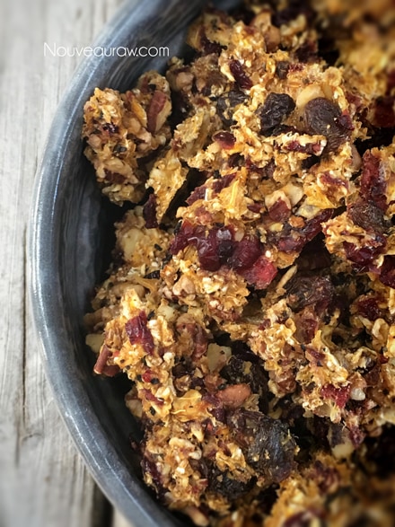 over view of raw vegan gluten free Zesty Orange and Cranberry Granola in a gray bowl on a wooden table