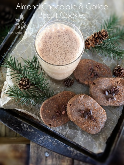 Almond Chocolate & Coffee Biscuit Cookies displayed with raw chocolate almond milk