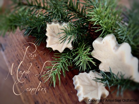 Maple Leaf Candies displayed on a wooden table with fresh pine