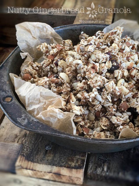 raw gluten-free Nutty Gingerbread Granola served ina pie pan