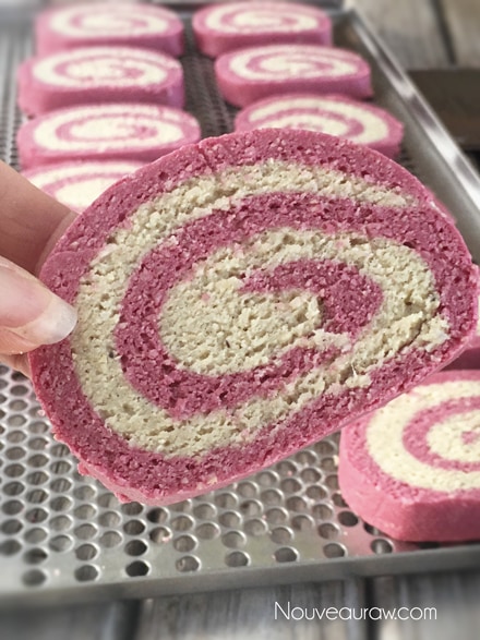 the raw vegan Peppermint Christmas Pinwheel "Sugar” Cookies are all dehydrated and ready to enjoy