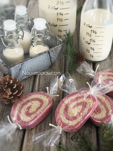 raw vegan Peppermint Christmas Pinwheel "Sugar” Cookies wrapped for gift giving