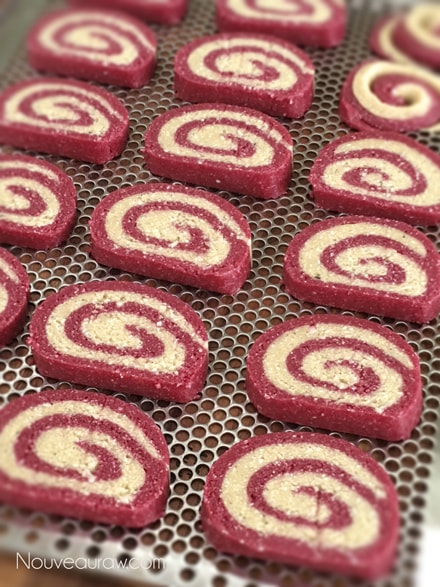 laying the raw vegan Peppermint Christmas Pinwheel "Sugar” Cookies on a dehydrator try