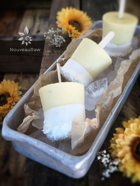 raw vegan Pineapple Mango Orange Ice Cream made in Dixie cups displayed in an antique ice cubes tray