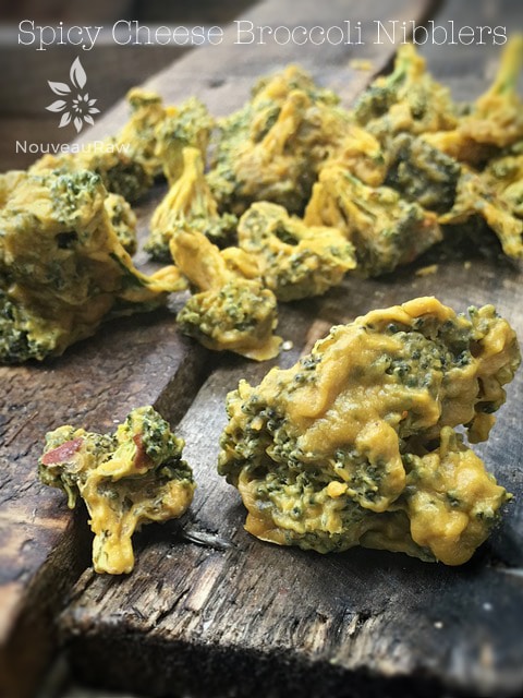 raw vegan Spicy Cheese Broccoli Nibblers displayed on barn wood