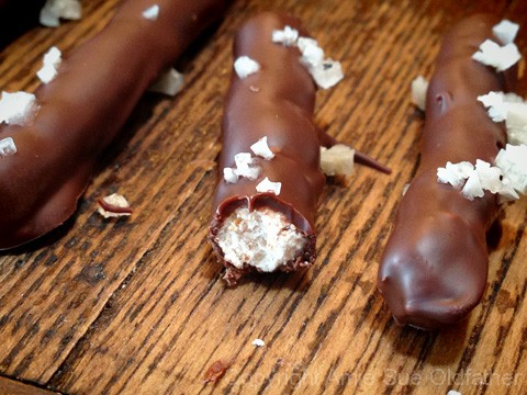 showing the inside of raw vegan Salted Chocolate Covered Pretzels with sea salt on top