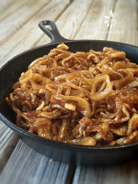 raw caramelized onions in the cast iron skillet
