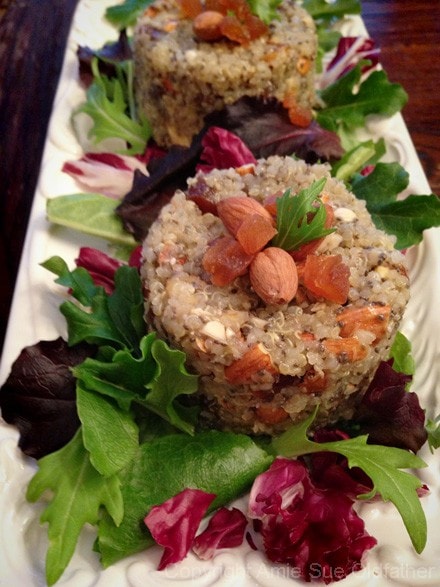 raw vegan Quinoa and Apricot Salad served on a white decorative plate