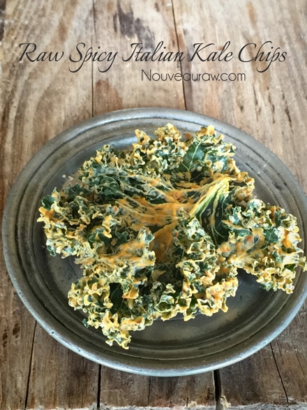 an over view of raw vegan crispy Spicy Italian Kale Chips