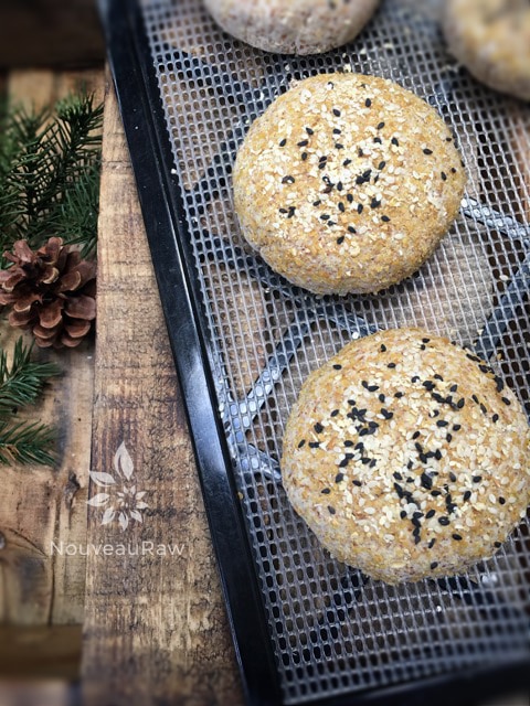 raw vegan gluten-free Sourdough Bread / Buns on a dehydrator tray