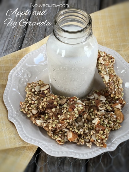 raw vegan crunchy Apple and Fig Granola served with raw almond milk