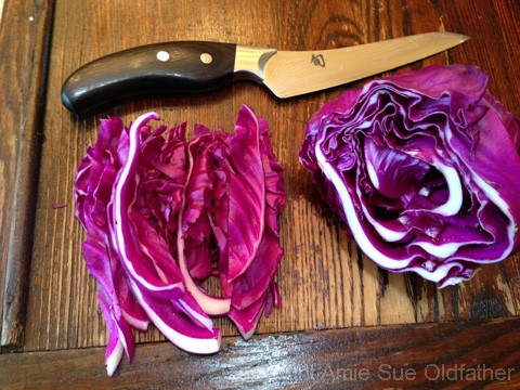 making thin strips of purple cabbage