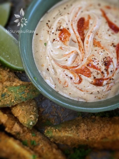 raw vegan Chipotle-Lime-Sauce served with avocado fries