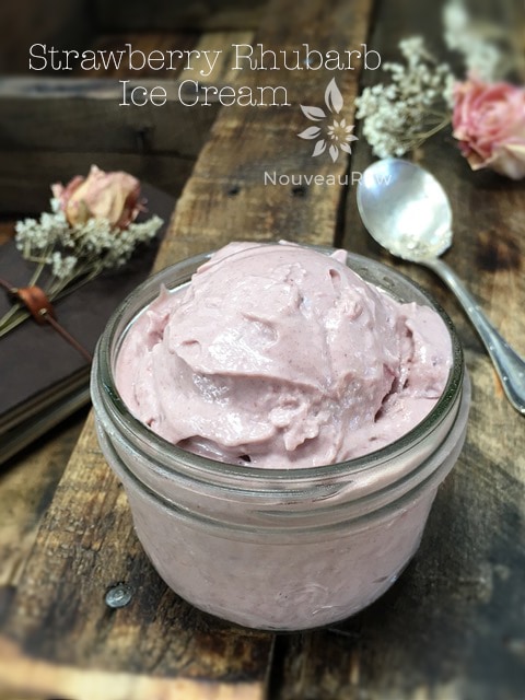  raw dairy free Strawberry Rhubarb Ice Cream served in a mason jar on a wooden table