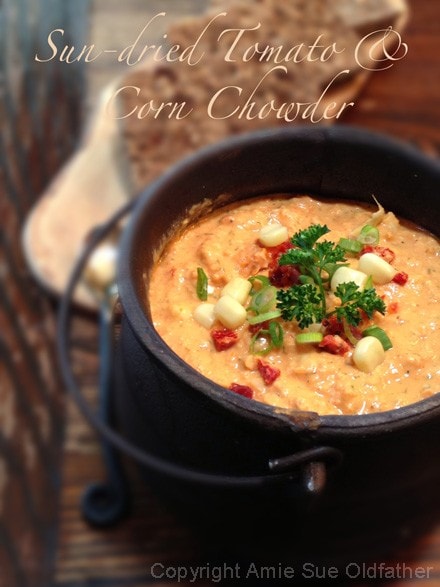 Raw, Gluten Free, Vegan Sun-dried tomato and corn chowder