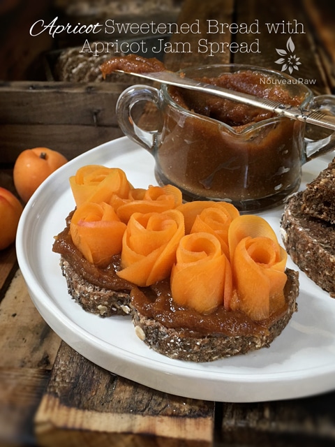 raw vegan gluten-free Apricot Sweetened Bread with Apricot Jam Spread and apricot flowers