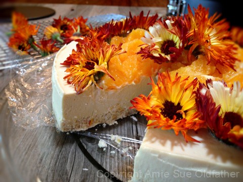 Perfect creaminess Raw Gluten-free Creamsicle Cheesecake decorated with beautiful flowers and oranges