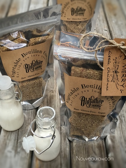 raw vegan Vegetable Bouillon Crackers displayed in gift pouches
