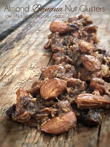 a close up of Almond Banana Nut Clusters displayed on barn wood