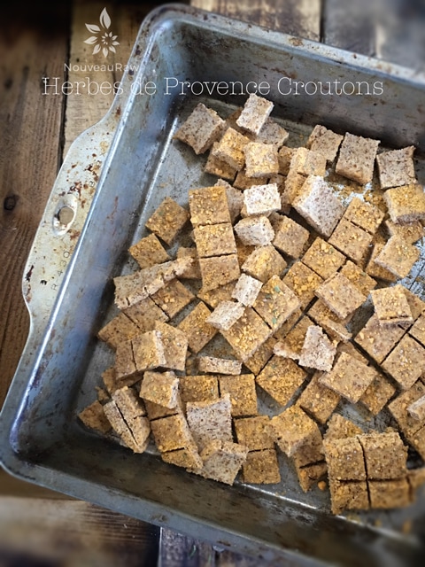 gluten free vegan Herbes de Provence Croutons displayed on a wooden table