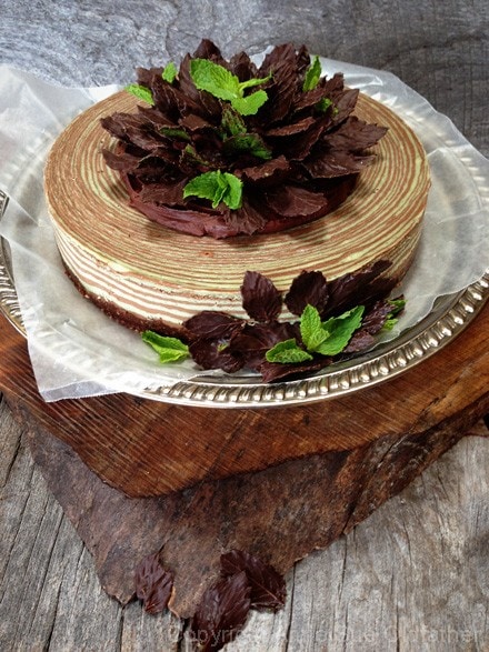 Delicious Raw Gluten-Free Psychedelic Grasshopper Cheesecake decorated with ganache & fresh mints, so yummy