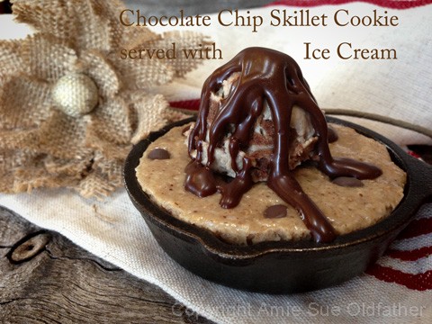 raw vegan gluten-free Chocolate Chip Skillet Cookie served with Ice Cream