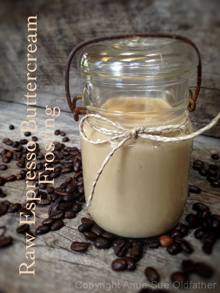 a jar Raw Espresso Buttercream Frosting with twine tied around it