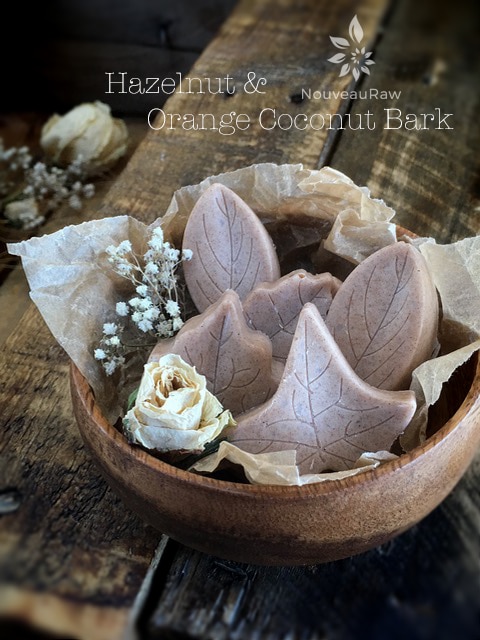 Hazelnut and Orange Coconut Bark presented in a homemade wooden bowl
