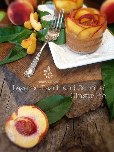 raw vegan gluten-free Layered Peach and Caramel Ginger Pie served with fresh sliced peaches