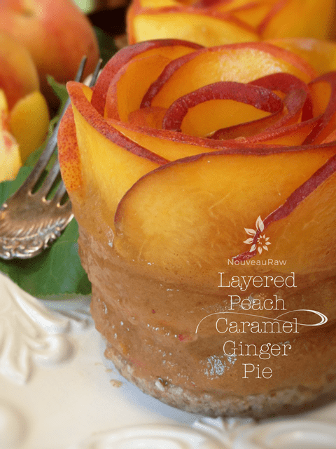 a close up of raw vegan gluten-free Layered Peach and Caramel Ginger Pie