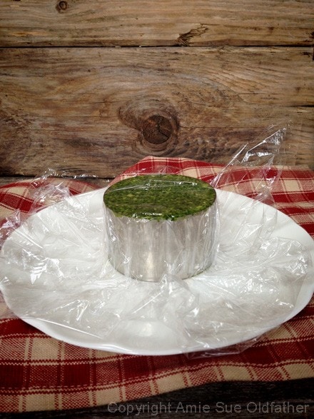 pack the ring with pesto and cover with plastic