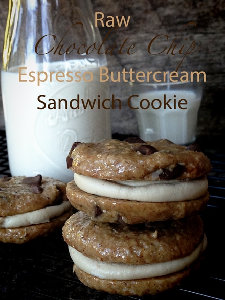 Chocolate Chip and Espresso Buttercream Sandwich Cookie served with almond milk