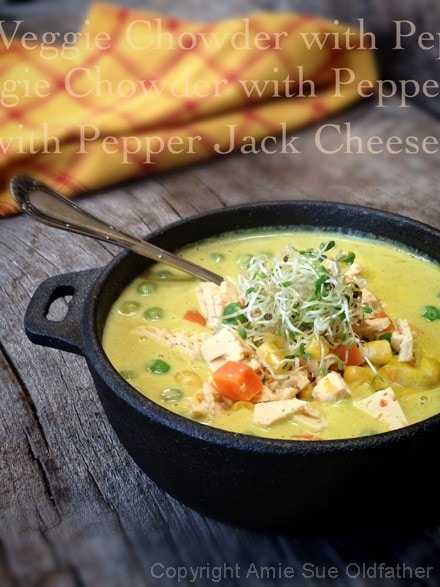 Raw, Gluten Free, and Vegan Chowder with Pepper Jack Cheese